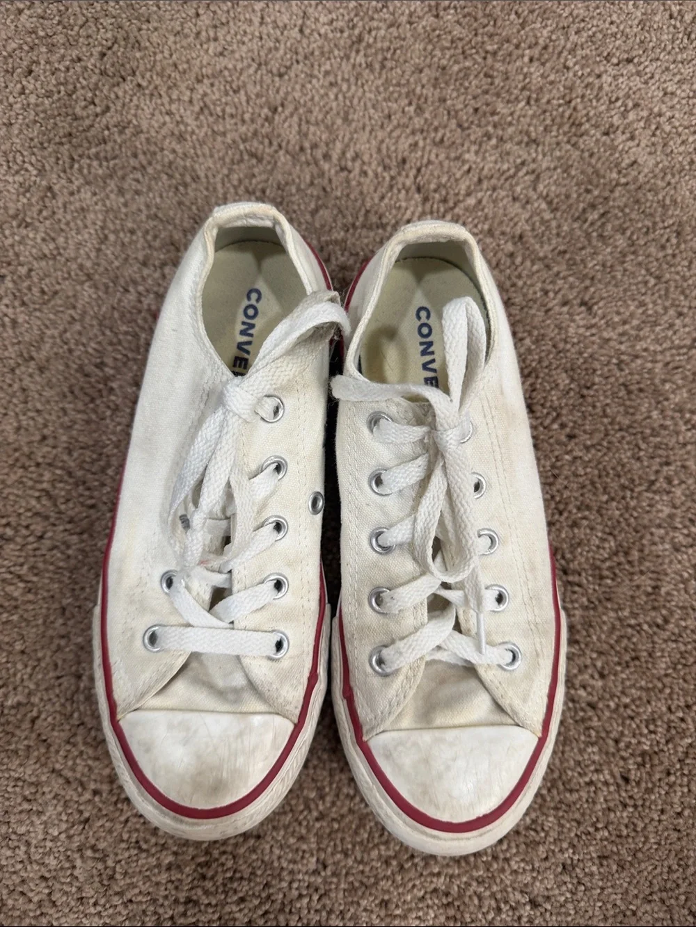 Converse Kids Low-Top Canvas Sneakers in White with Red Trim